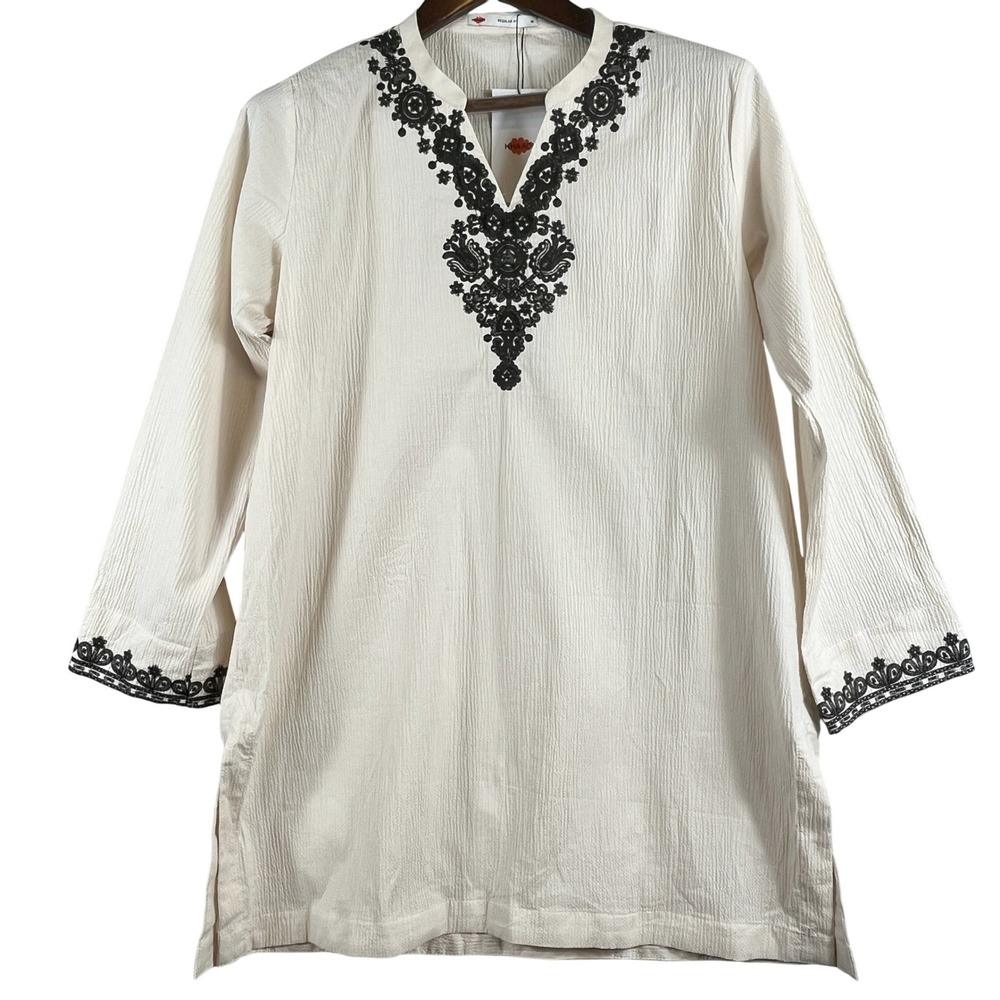 Khaadi Pakistani Kurta Tunic NWT 10 Crinkle Embroidered Beige Black Boho Ethnic